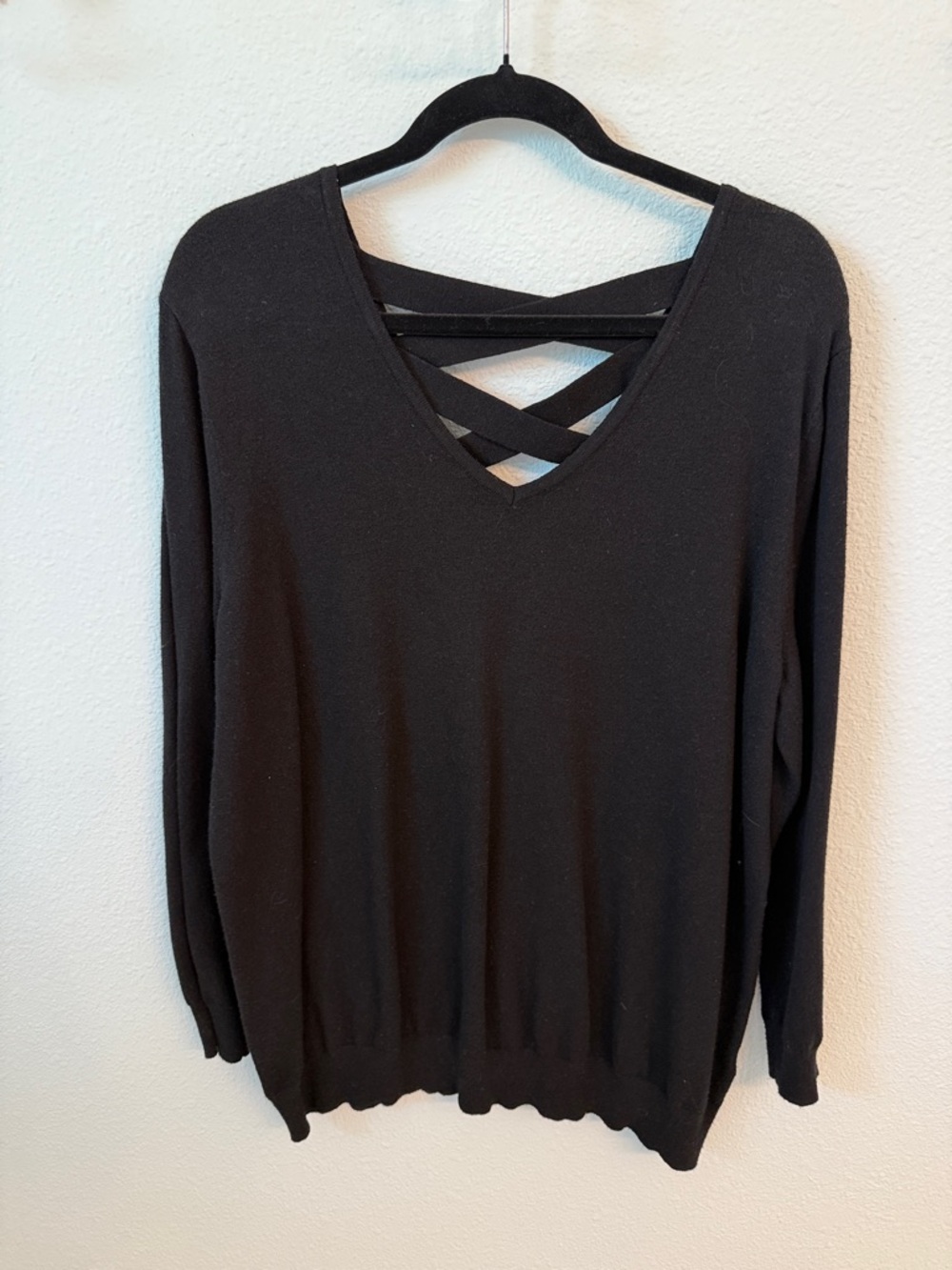 Women's Black V-Neck Crisscross Sweater